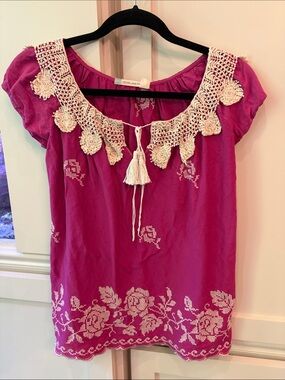 Chelsea & Violet Fuchsia Peasant Tunic with Cream Crochet Tassels